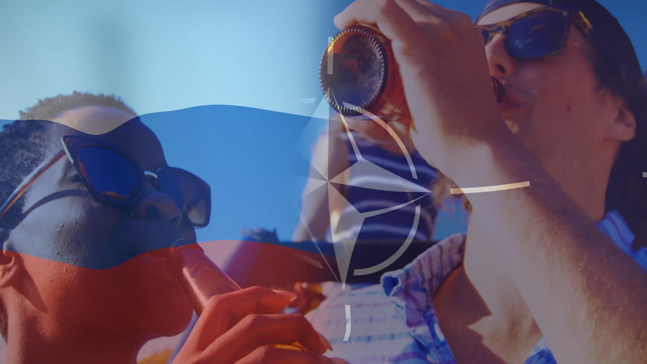 Drinking beer, people with Russian flag and NATO symbol in animation overlay
