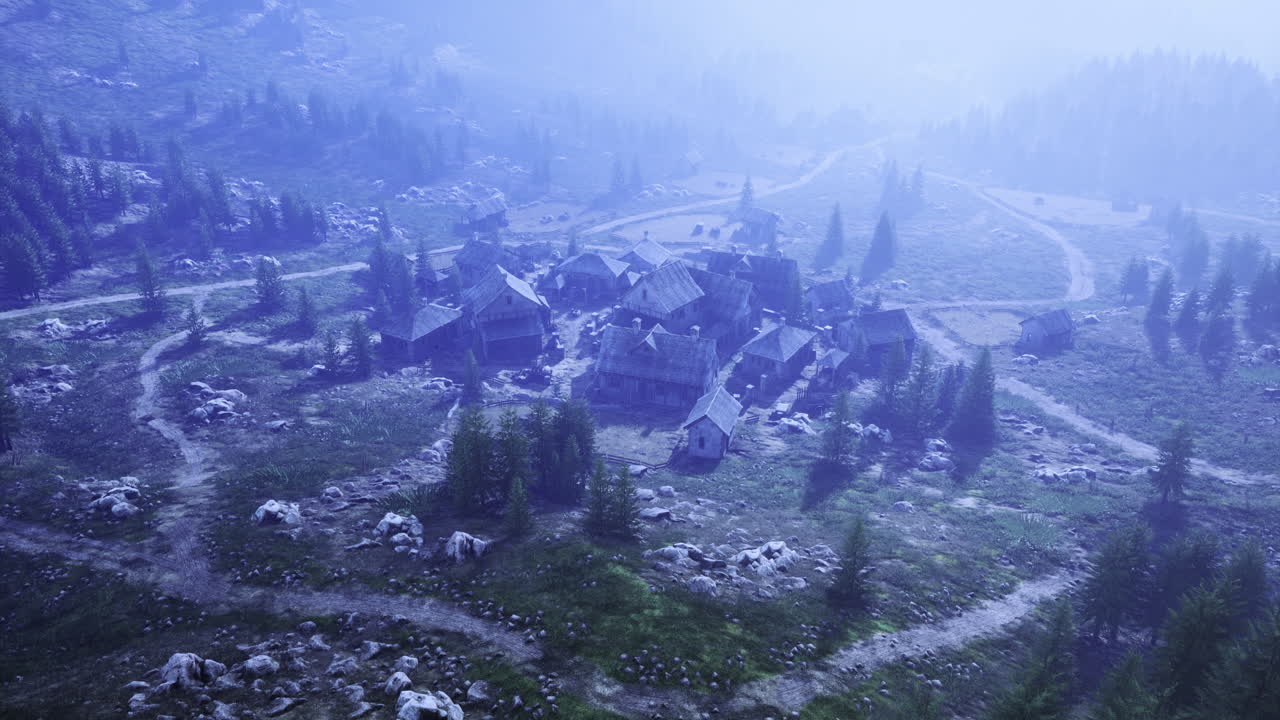 Mystical mountain village nestled among misty pine forests during dawn