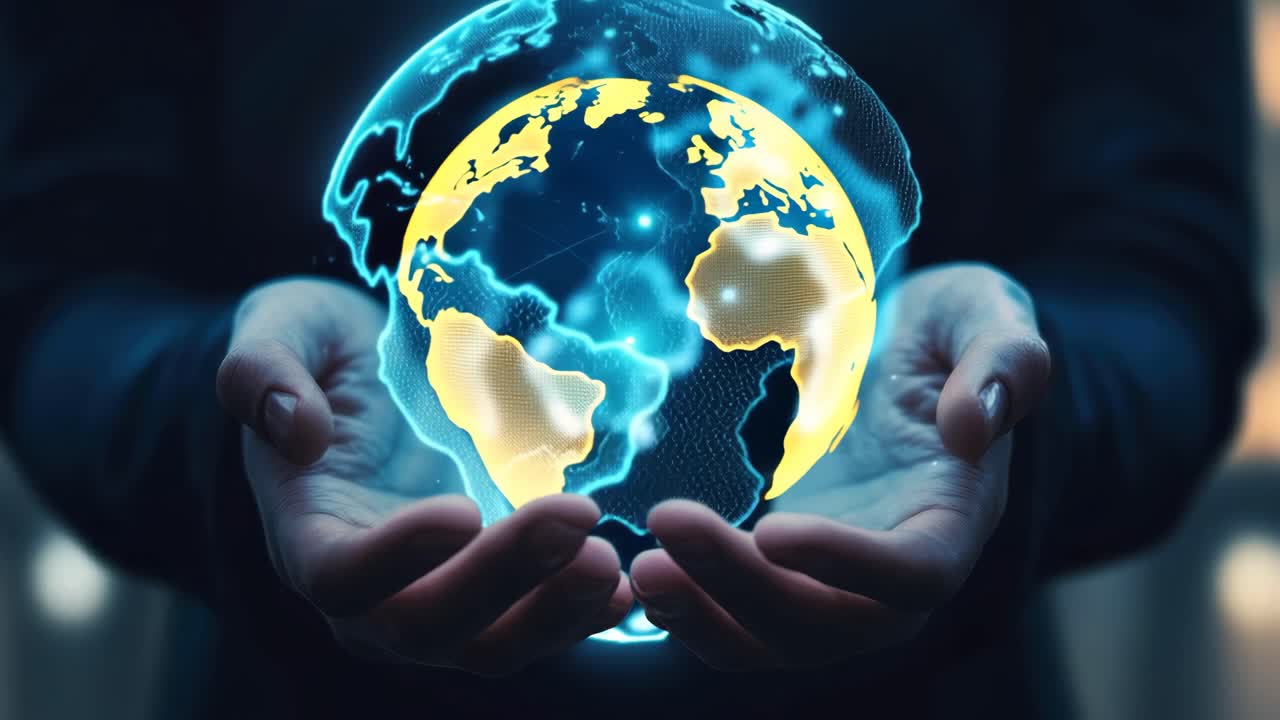 A futuristic video concept with a close-up angle of hands holding a glowing digital globe