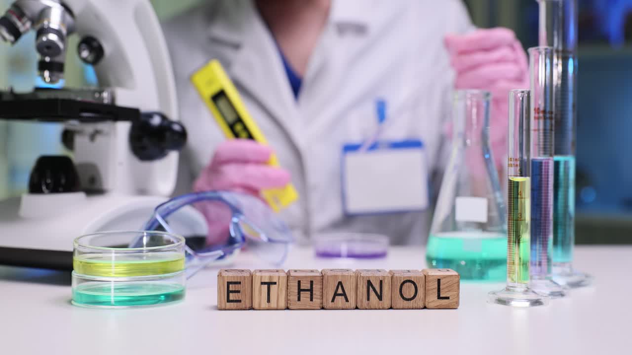 Ethanol-ordblokke på laboratoriebord med arbejdende forsker