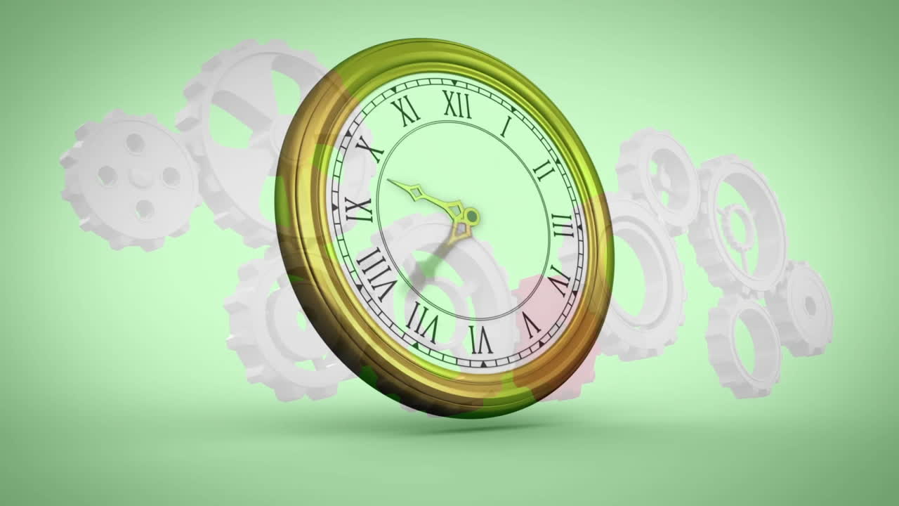 Animation of clock ticking over cogs working in background