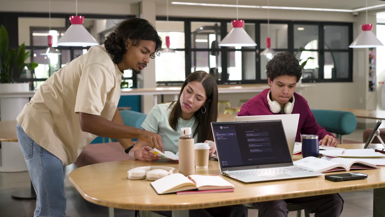 African American peers working in study lounge classmate walking in tapping laptop sharing notes