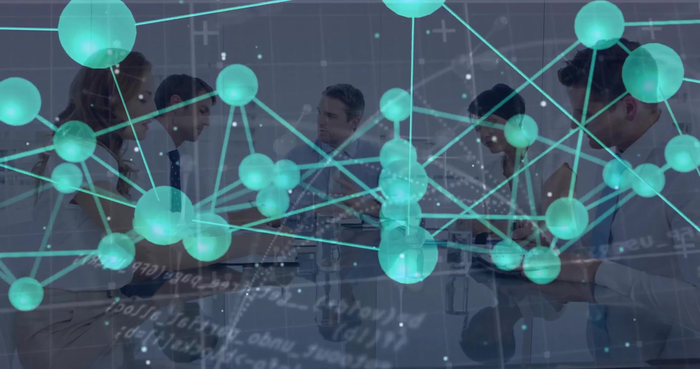 Business team collaborating around meeting table, reviewing data with glowing network nodes overlay