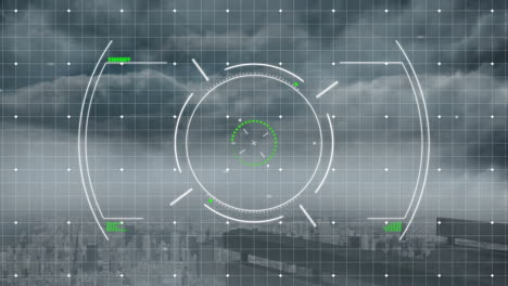 hud circular reticle being displayed over urban skyline, showing concentric arcs and green markers
