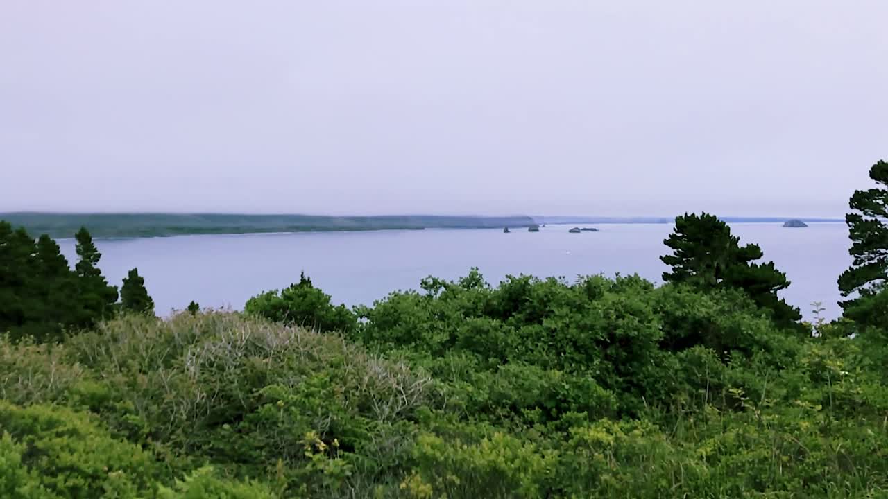 панорамный вид на покрытое облаками побережье, заросшее кустарником и деревьями, со скалистыми островами