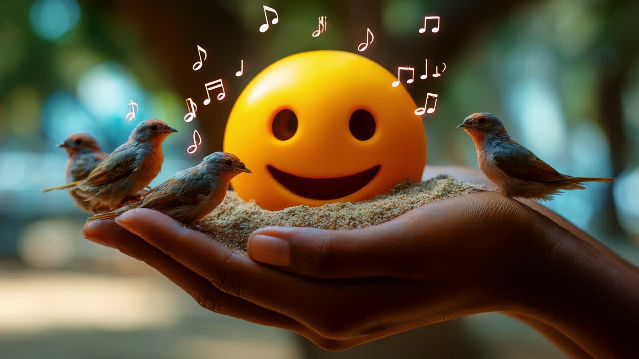 A Joyful Scene of Birds and a Happy Emoji: Celebrating Music and Nature in Harmony, as Tiny Feathered Friends Gather Around a Smiling Emoji with Melodic Notes Floating Around