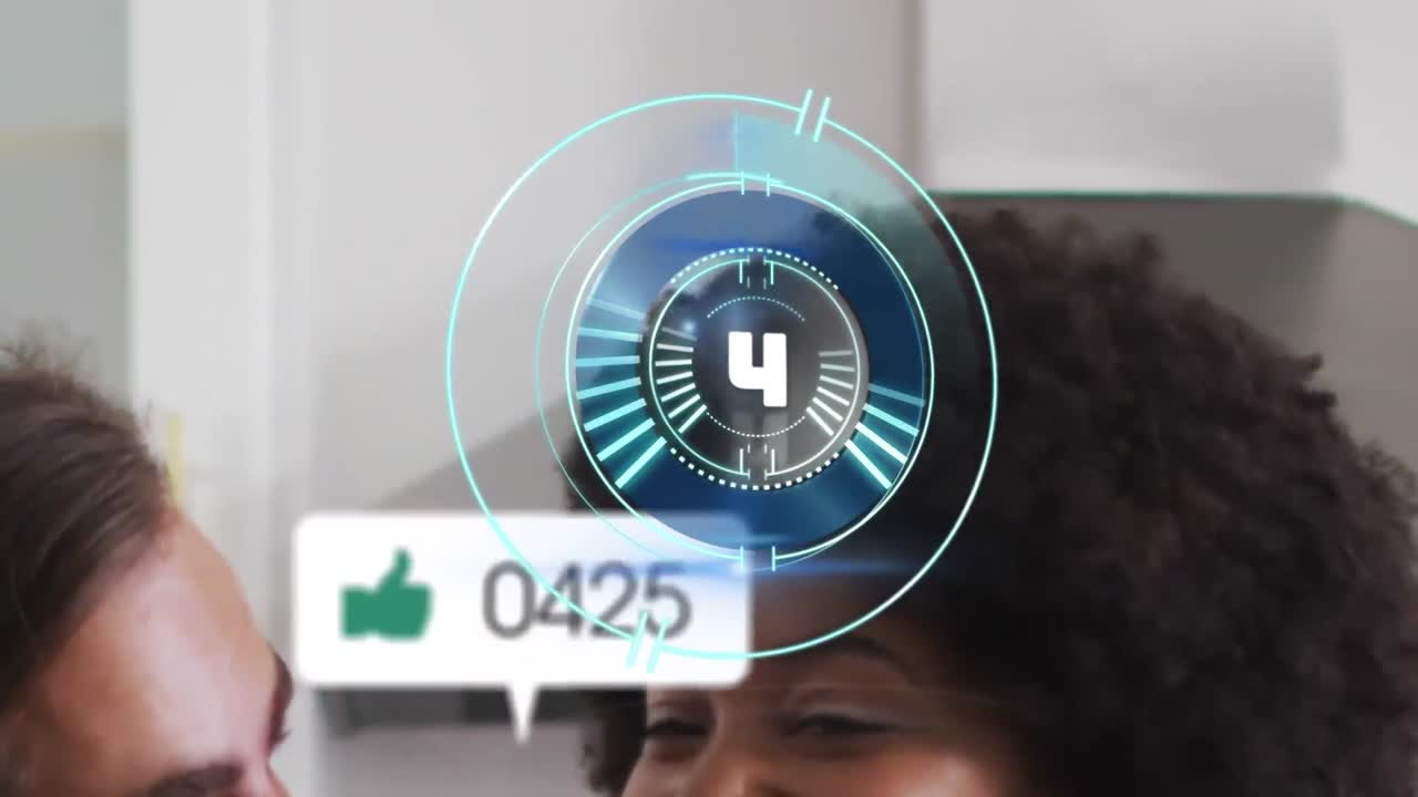 Animation of round scanner and social media icons over mid section of biracial couple talking