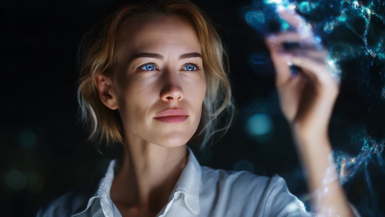 A focused individual with striking blue eyes engages with a digital interface, illustrating the intersection of technology and human creativity in an immersive visual environment of illuminated connections