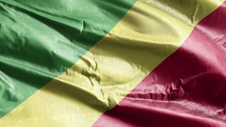 Republic of the Congo textile flag slow waving on the wind loop. Republic of the Congo banner smoothly swaying on the breeze. Fabric textile tissue. Full filling background. 20 seconds loop.