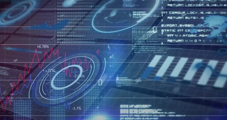 On startup 3D digital interface showing spinning gauges, rising charts visualizing market trends