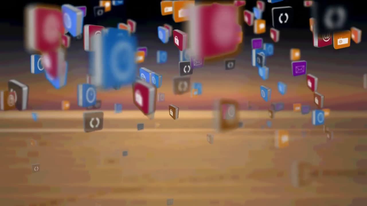 animación de iconos digitales flotando sobre el paisaje