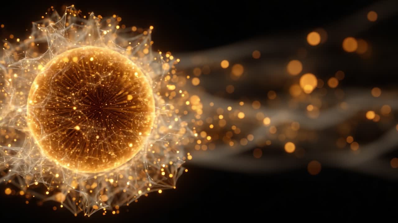 Un fascinante viaje de luz y energía capturado en dos impresionantes fotogramas, que muestra una esfera dorada etérea rodeada de partículas luminosas en movimiento.