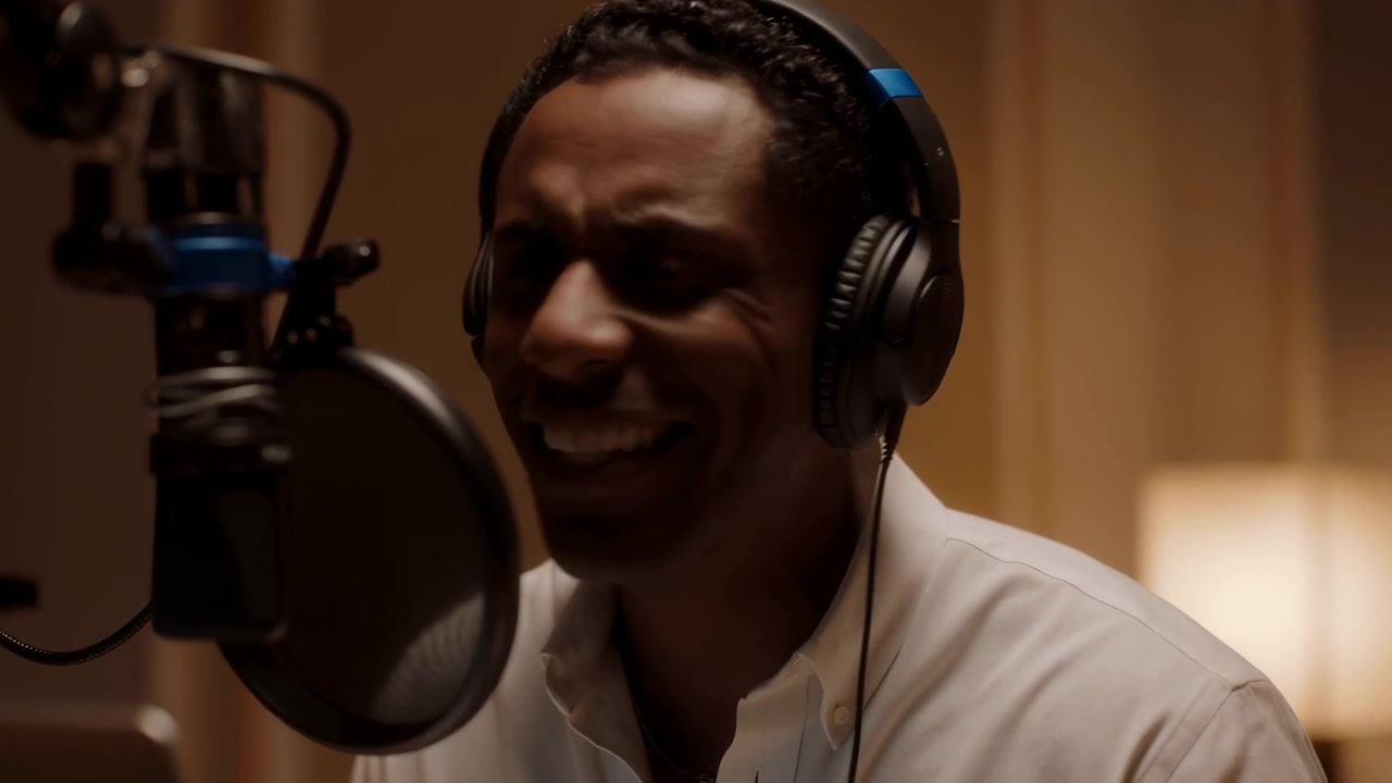 Un primo piano mostra un uomo che passa da un'espressione intensa a bocca aperta a un ampio sorriso accanto a un microfono e un filtro anti-pop, con le cuffie e una luce calda che illumina dolcemente la stanza