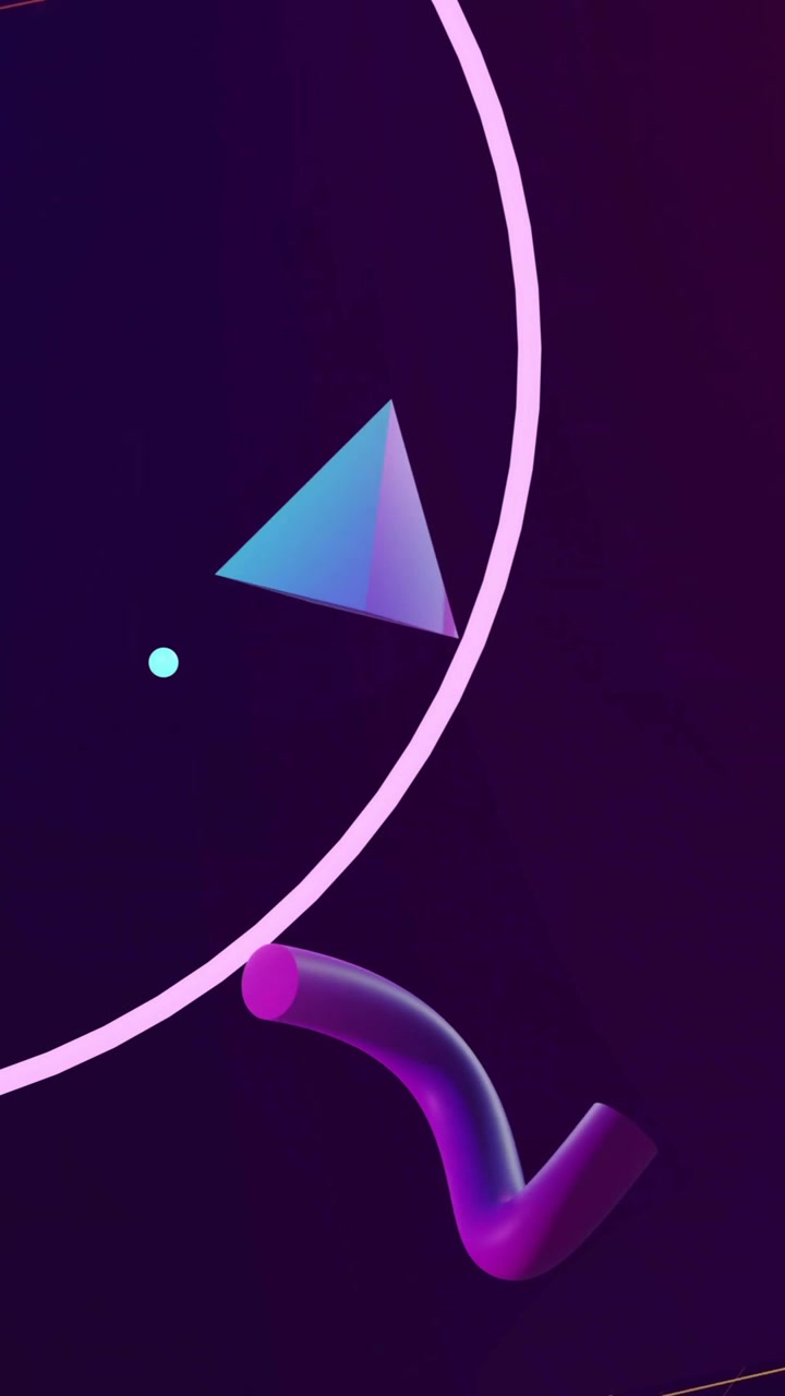 Animation of 3d blue and purple shapes rotating over triangle, ring and network on dark background