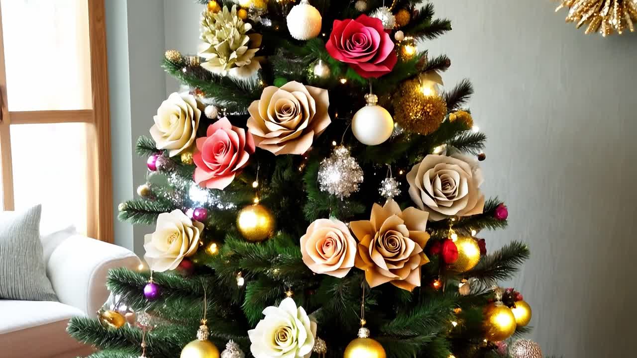 종이 장미 로 장식 된 크리스마스 트리 의 클로즈업