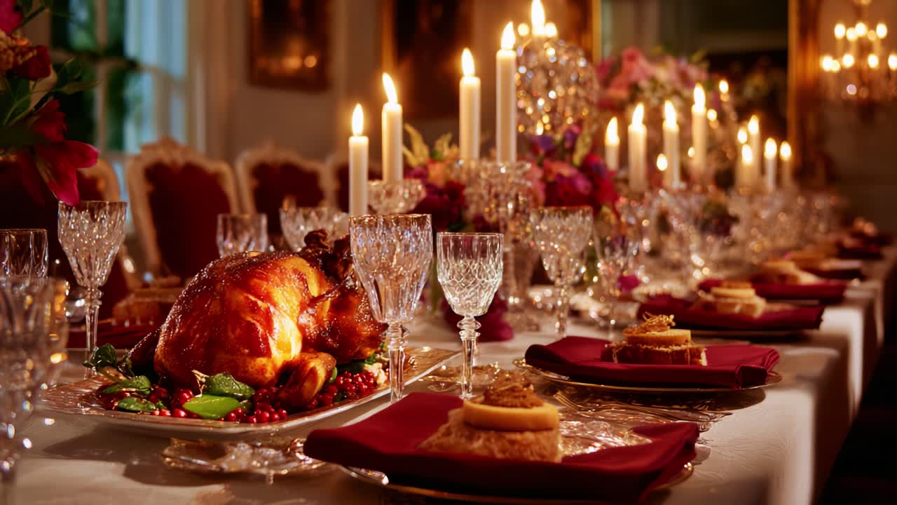 A Festively Elegant Holiday Feast Table Set for Celebration with a Beautifully Roasted Turkey Centerpiece Surrounded by Crystal Glassware and Elegant Decorations in an Opulent Dining Room Environment