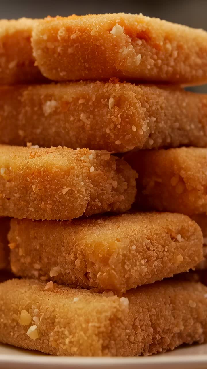Vertical video: Camera panning up revealing stacked breaded sticks on counter, highlighting crumbs