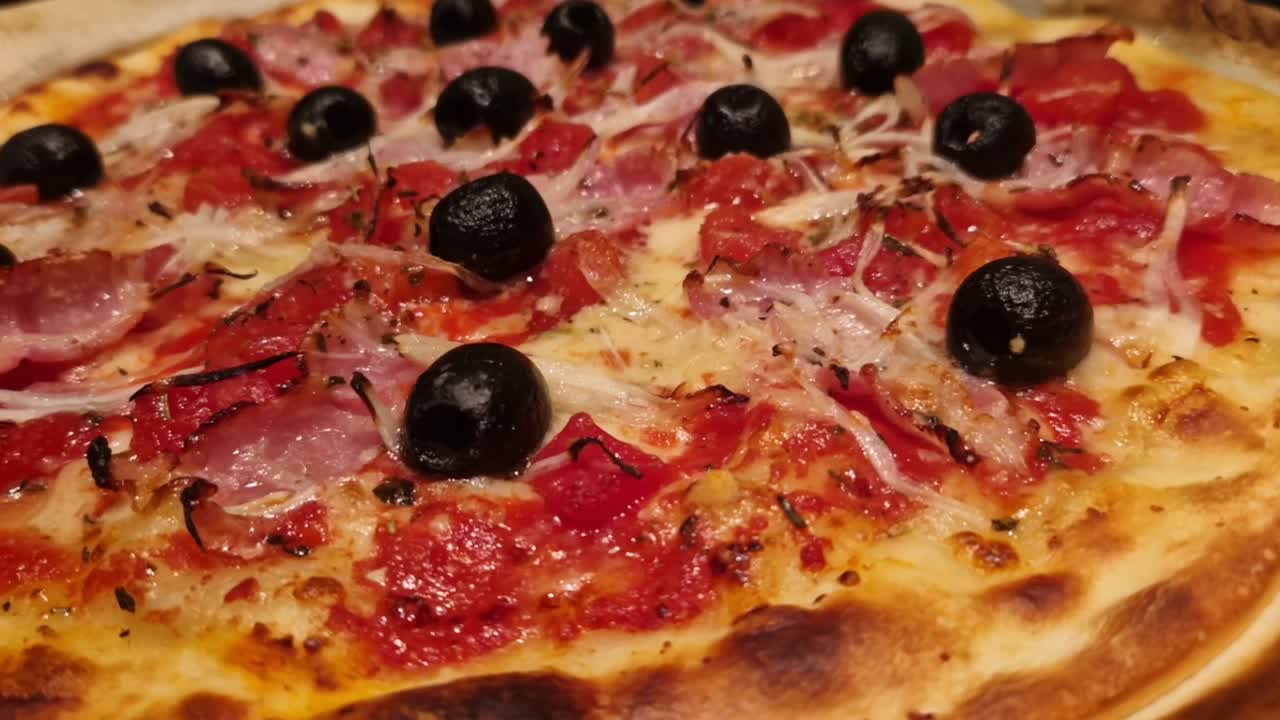 A mouth-watering close-up macro shot of a freshly baked homemade pizza, featuring a delightful combination of black olives, diced tomatoes, melted cheese, crispy bacon, and thinly sliced onions