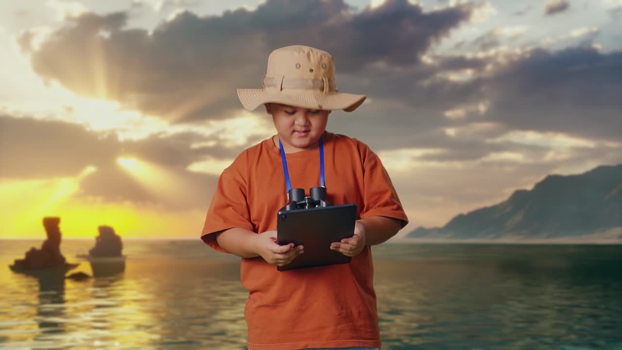 Asiatisk dreng med hat og kikkert, der bruger en tablet og smiler på stranden. Dreng forsøger at finde spor, rejser, turisme, eventyrkoncept