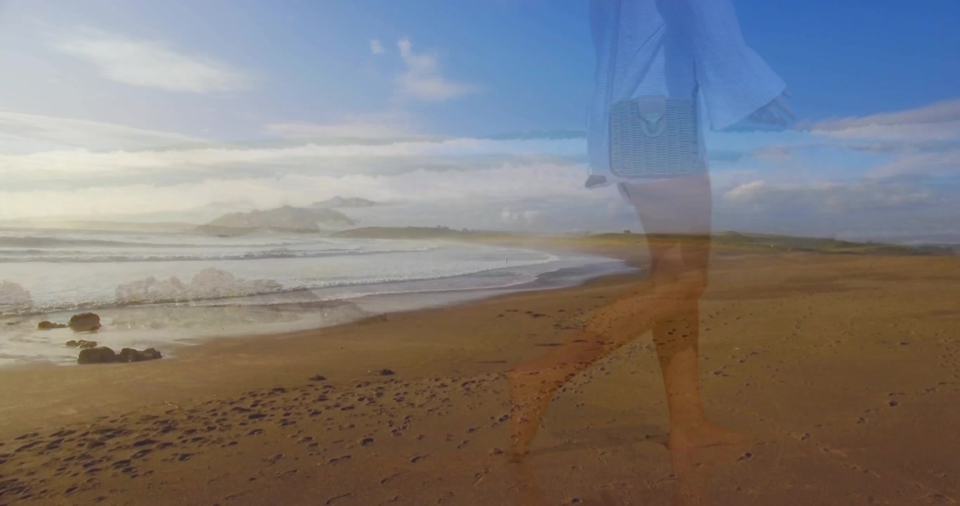 Woman walking beach, camera overlay creating ghosted walking trail with shoes, footprints for film
