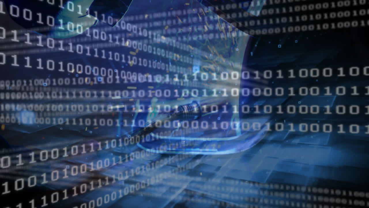 Ethernet connector streaming network data on circuit board with floating binary code, light streaks