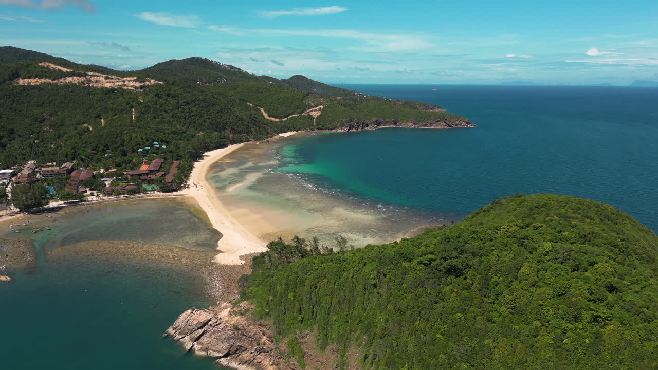 Aerial View of Serene Srithanu Beach and Lush Greenery in Koh Phangan, Thailand
