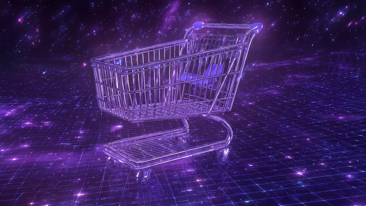 Futuristic shopping cart gliding through a digital landscape of glowing purple grids and cosmic nebulas, representing the abstract concept of online shopping, e commerce, and metaverse retail