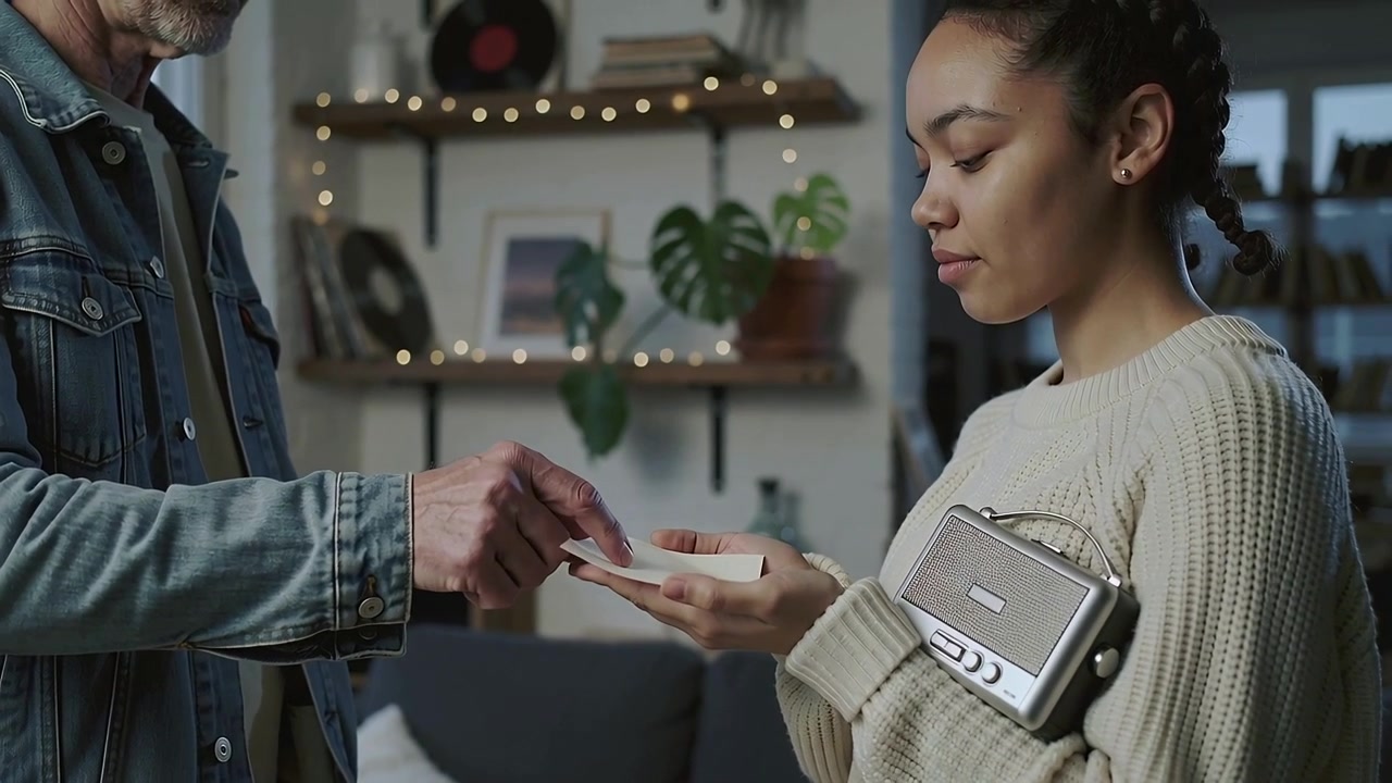 Offering white envelope, man placing into woman in sweater at home, radio-held tapping to point