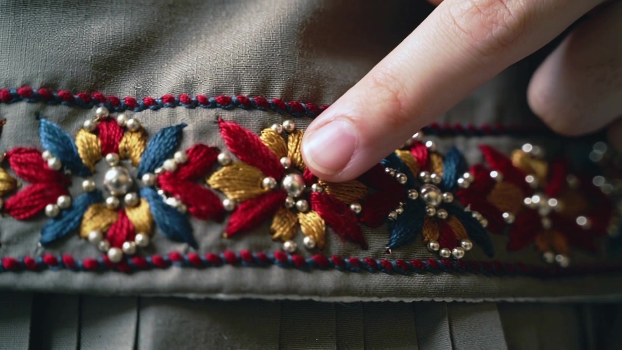Index s'approchant, suivant du doigt une bande brodée sur un vêtement gris olive, inspectant des perles métalliques.