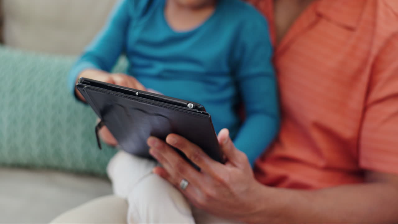 Parent, child and hands on tablet with education