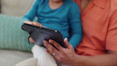 Parent,-child-and-hands-on-tablet-with-education