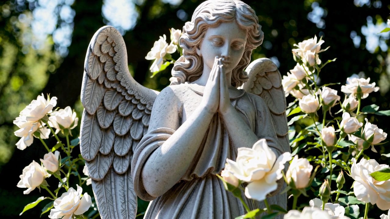 Praying Angel Statue with White Roses in a Serene Garden