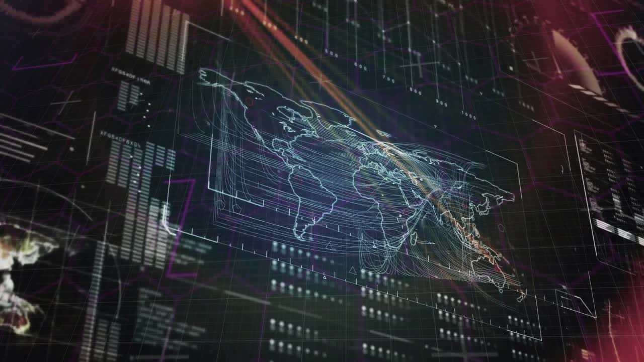 Парящая голографическая карта мира, отображающая светящиеся линии, соединяющие узлы данных в 3D-интерфейсе
