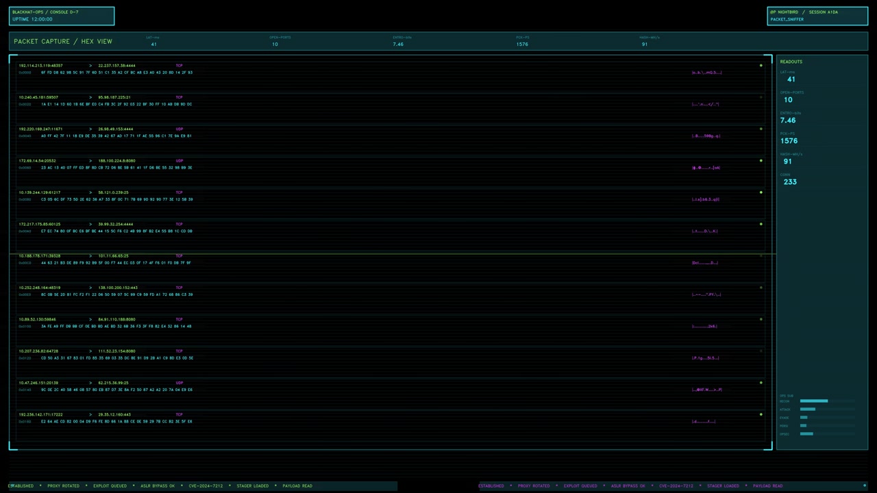 A cyan and magenta cybersecurity terminal interface showing real time network packet capture and hex data readouts. Features scrolling logs and updating metrics with a transparent background