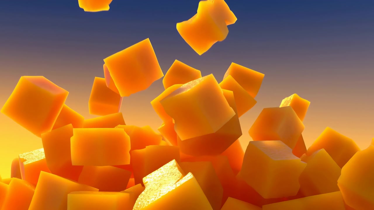 Diversi cubetti di mango tagliati a dadini sospesi sopra un denso mucchio di frutta in un rapido movimento di lancio, con rotazione variabile, leggero sfocato, sfondo sfumato caldo, luce di contorno brillante e vivida freschezza tropicale.