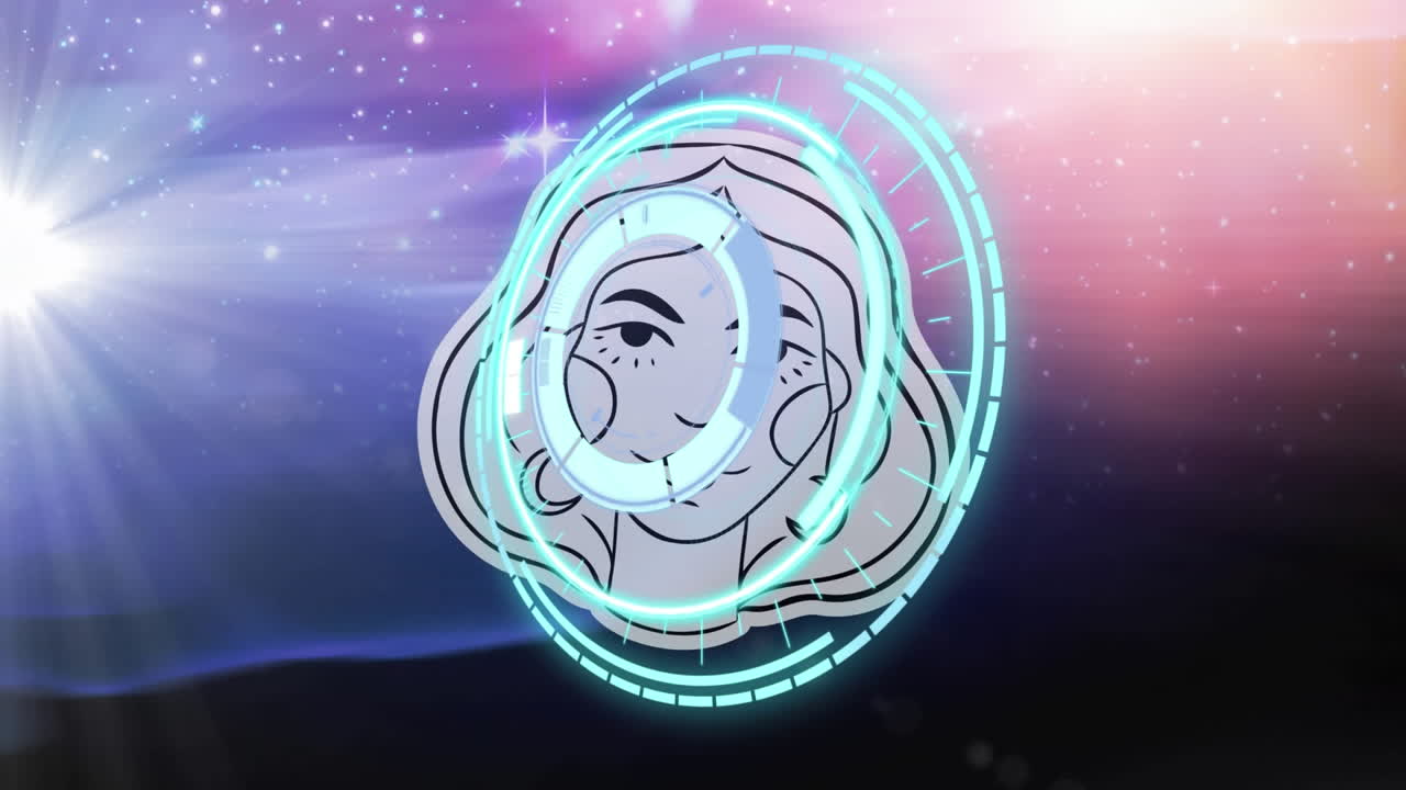 조디악 위의 원과 우주 배경 위의 처녀의 프로세싱 애니메이션.