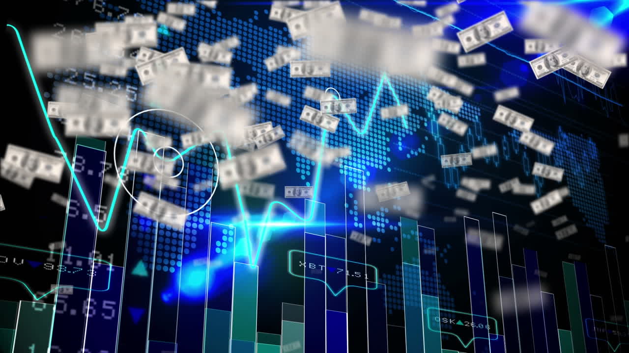 animación de billetes de dólares estadounidenses que caen sobre el mapa del mundo, estadísticas y procesamiento de datos