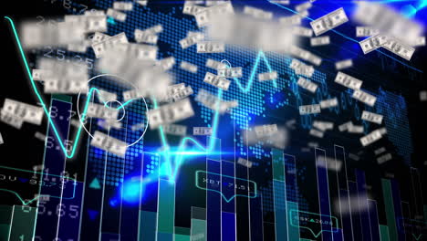 animation of american dollar banknotes falling over world map, statistics and data processing