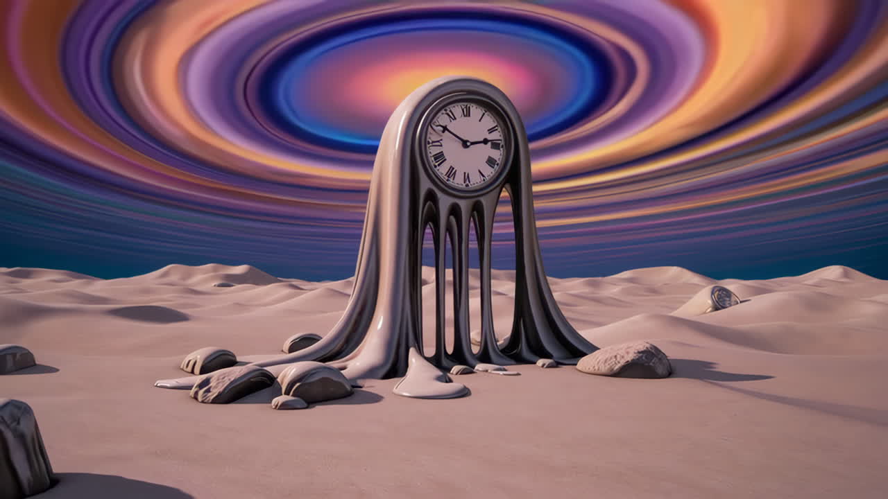 Melting Clock in a Surreal Desert Landscape