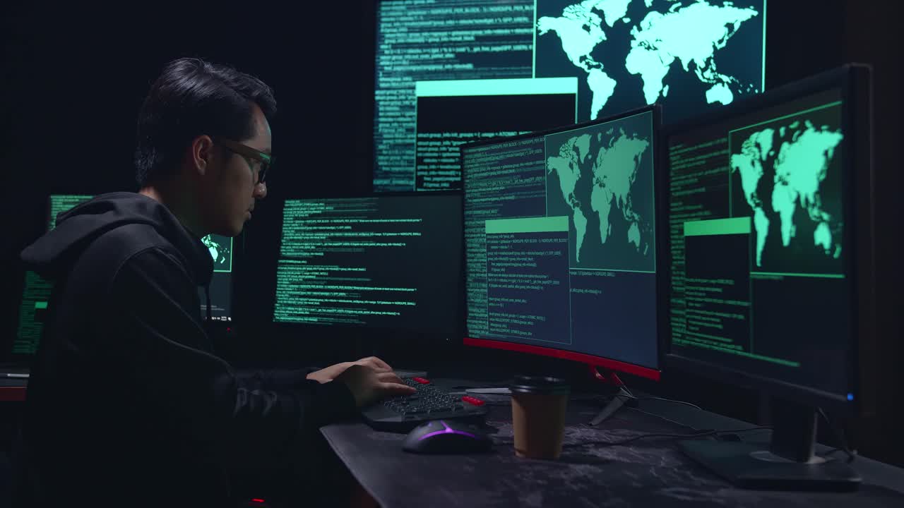 Asian Male Hacker Hacking With Multiple Computer Screens In Dark Room