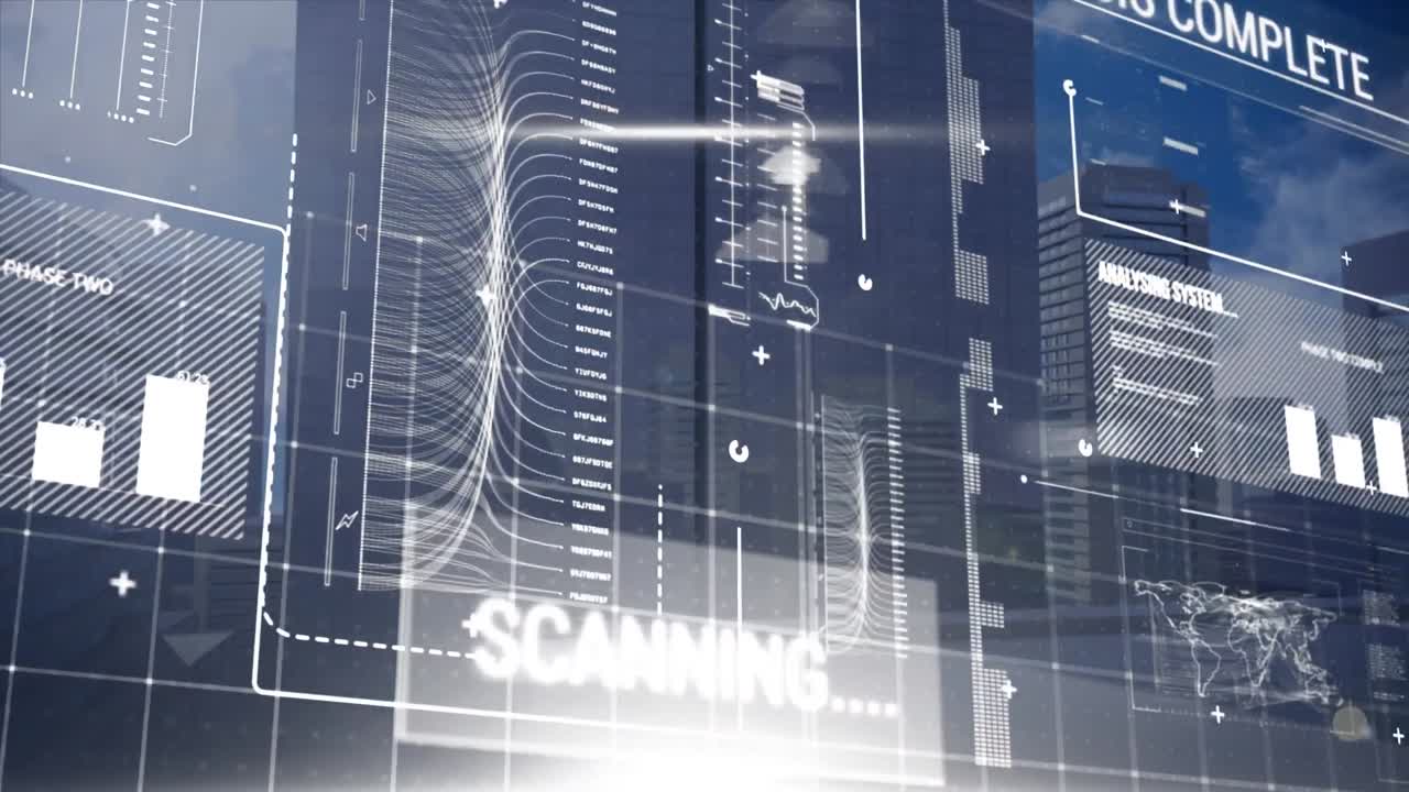 높은 건물의 공중 전망에 대한 데이터 처리와의 인터페이스의 애니메이션