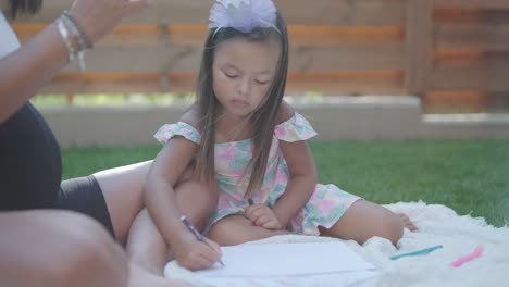 una madre y su hija pequeña se sientan en una manta en el patio trasero, participando en una actividad de dibujo juntos. la escena al aire libre captura un momento familiar pacífico, fomentando la creatividad y el vínculo.