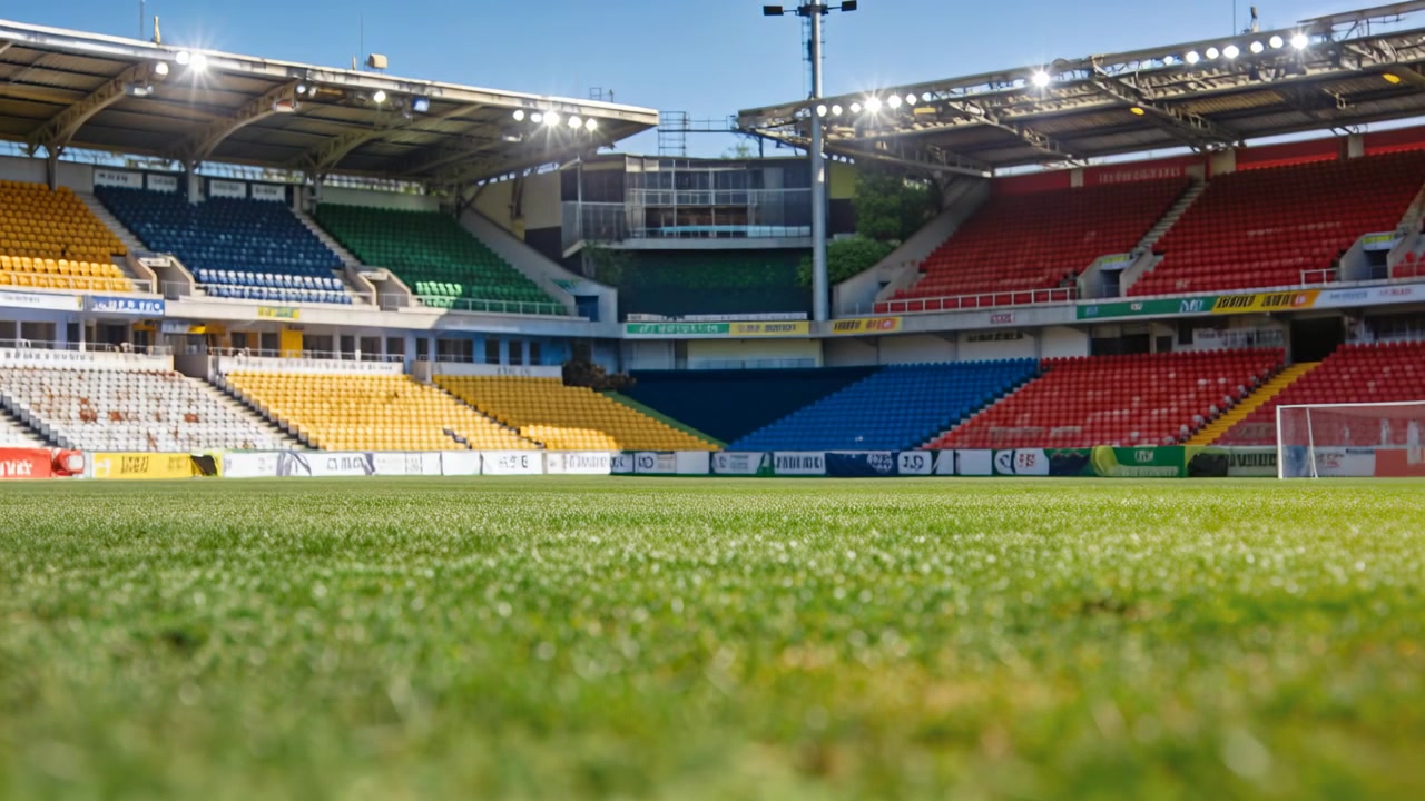 La messa a fuoco si sposta, la telecamera rivela il manto erboso dello stadio, mostrando le sedute multicolori e la struttura della porta.
