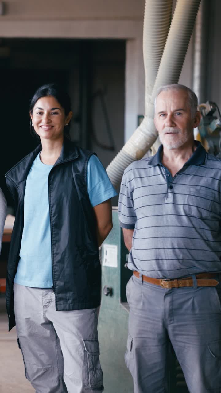 Donna e uomo sicuri di sé in piedi in un'officina industriale.