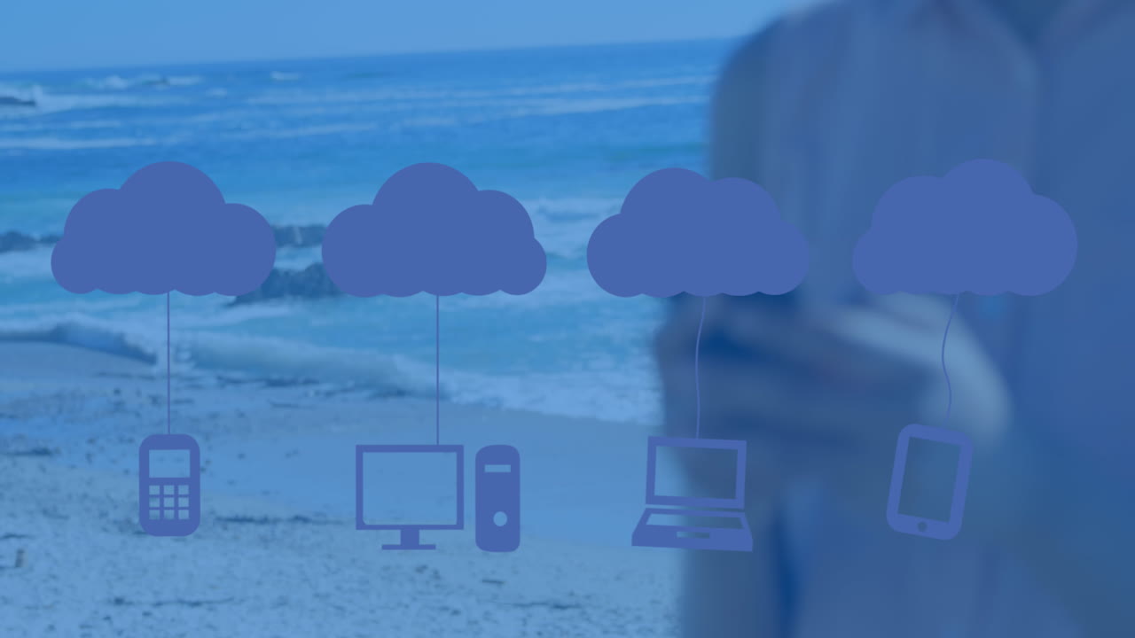 animación de nubes con dispositivos electrónicos sobre una mujer caucásica usando un teléfono inteligente