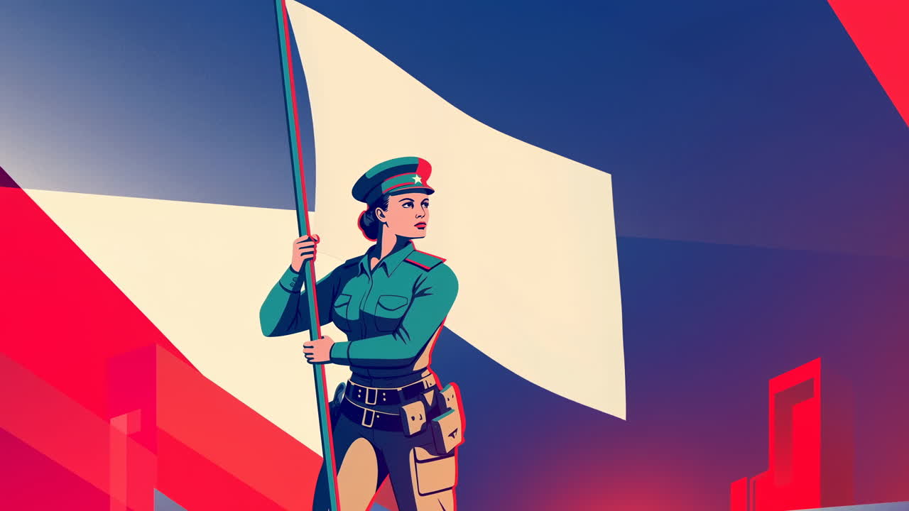 Illustrazione in stile propaganda di una soldatessa che tiene una bandiera