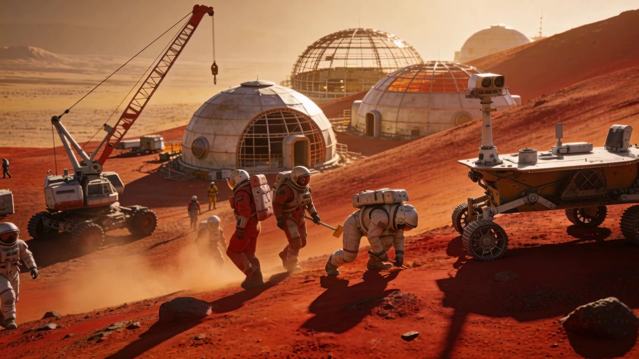 Descending slope toward rover EVA-suited crew holding shovel, examining red soil, building domes