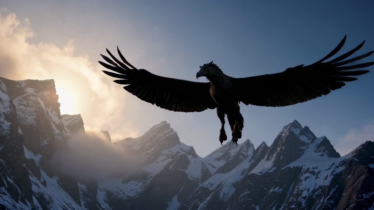 Mythical Bird Soaring Over Snowy Mountains at Sunrise