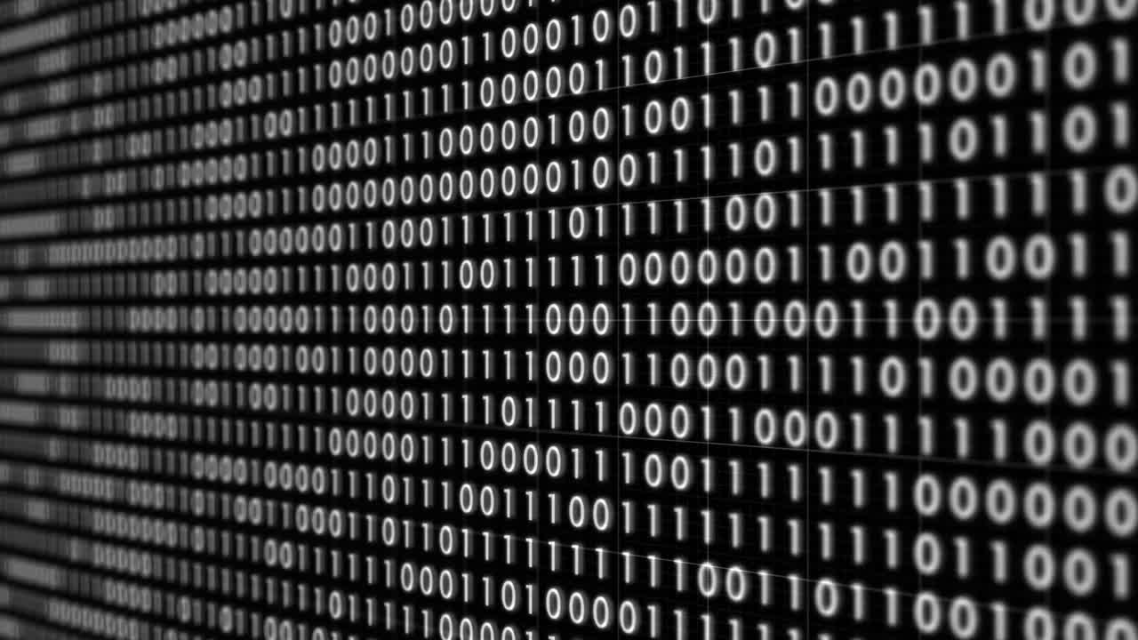 Horizontally moving rows of dense binary code, consisting of 1s and 0s, represent the fundamental data structure of digital communication and computer systems.