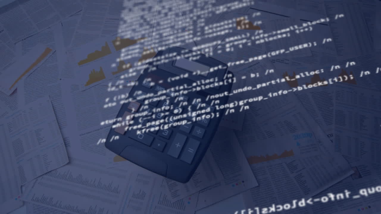 animazione dell'elaborazione dei dati su calcolatrice e documenti.